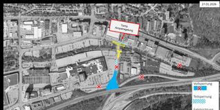 Unsere Grafik zeigt die Verkehrsführung während der Arbeiten am Knotenpunkt Tilsiter Straße.