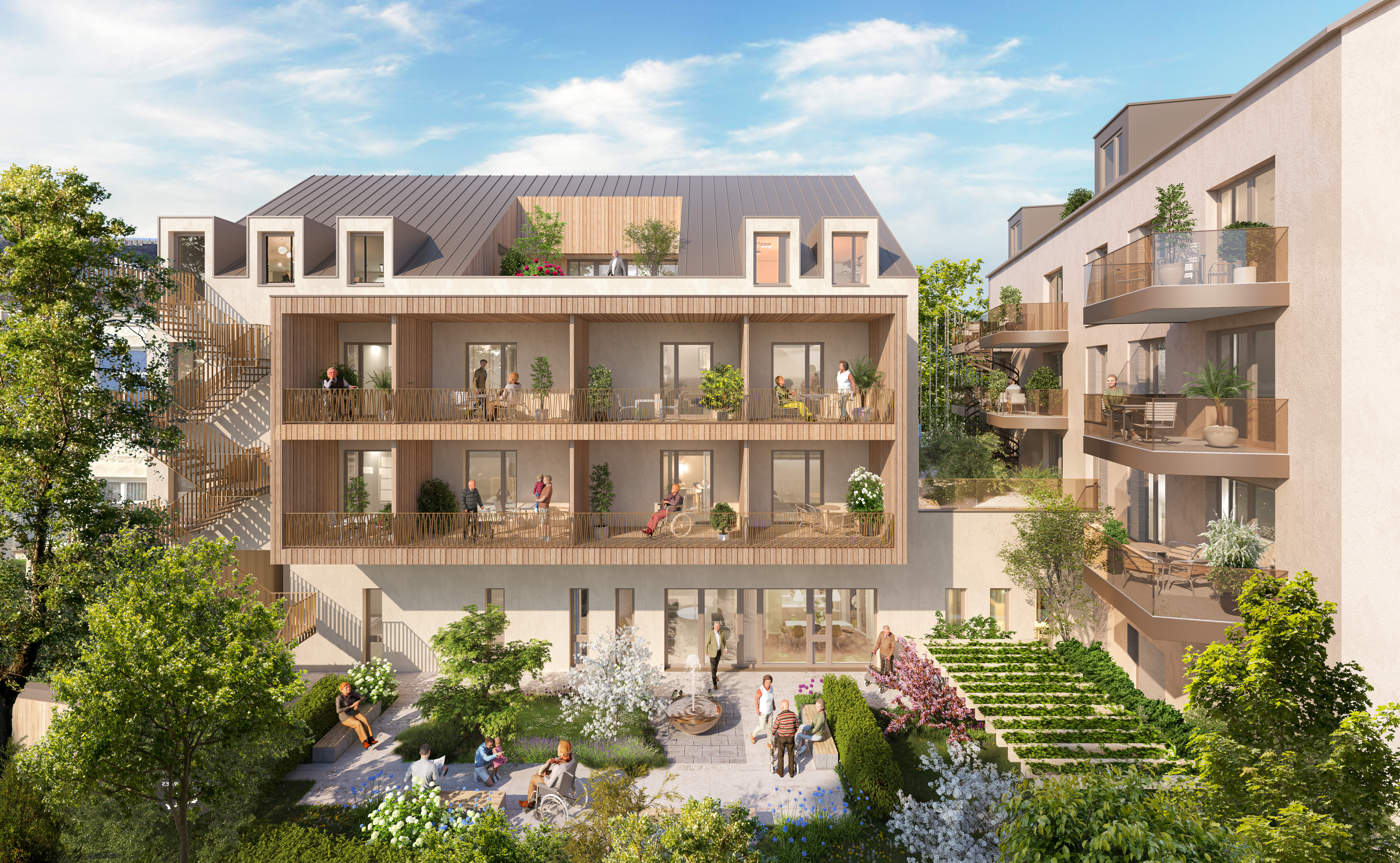 So soll der Innenhof des Hospizes an der Talstraße einmal aussehen: Ein breiter Gang direkt ins Grüne, zu einem schmucken Garten, der eine „Oase der Ruhe“ sein soll.  Bild: Steinhoff/Haehnel Architekten Stuttgart