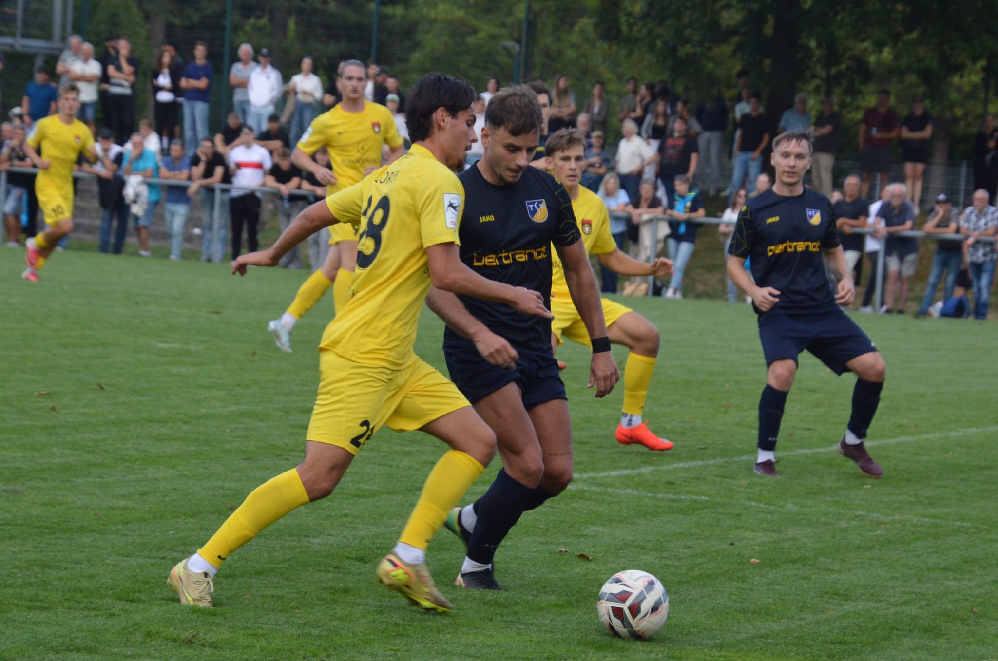 Innenverteidiger Adrian Körtge Corral (blaues Trikot) und der TSV Ehningen erkämpften sich bei Türkspor Neu-Ulm einen wertvollen Zähler.