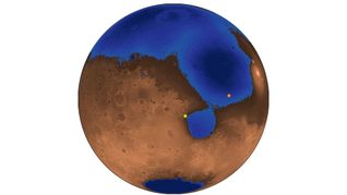 Ein hypothetisches Bild des Mars vor 3,6 Milliarden Jahren, als ein Ozean fast die Hälfte des Planeten bedeckt haben könnte. Die blauen Bereiche zeigen die Tiefe des Ozeans, der bis zum Niveau der Küstenlinie des alten, heute verschwundenen Meeres, genannt Deuteronilus, gefüllt war. Der orangefarbene Stern stellt die Landestelle des chinesischen Rovers Zhurong dar. Der gelbe Stern ist die Landestelle des NASA-Rovers Perseverance, der einige Monate vor Zhurong gelandet ist.