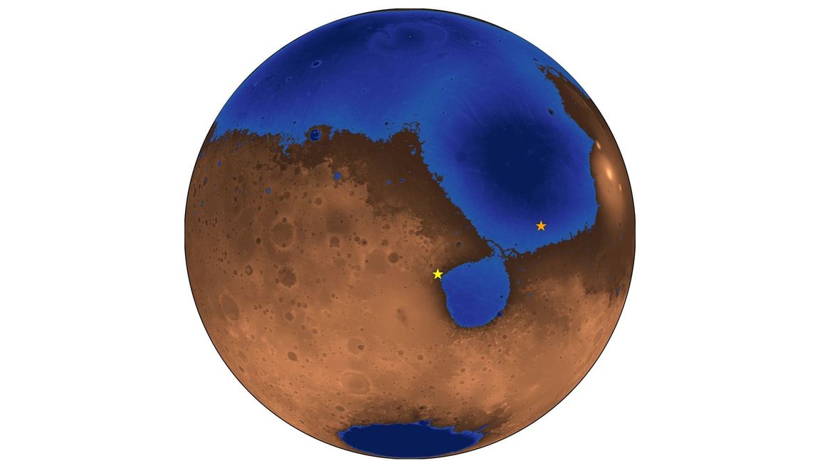 Ein hypothetisches Bild des Mars vor 3,6 Milliarden Jahren, als ein Ozean fast die Hälfte des Planeten bedeckt haben könnte. Die blauen Bereiche zeigen die Tiefe des Ozeans, der bis zum Niveau der Küstenlinie des alten, heute verschwundenen Meeres, genannt Deuteronilus, gefüllt war. Der orangefarbene Stern stellt die Landestelle des chinesischen Rovers Zhurong dar. Der gelbe Stern ist die Landestelle des NASA-Rovers Perseverance, der einige Monate vor Zhurong gelandet ist.