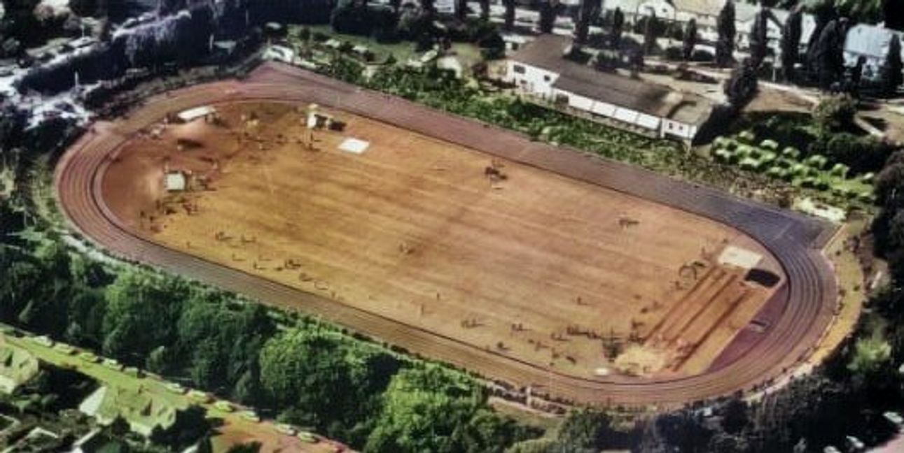 Das Floschenstadion kurz nach Fertigstellung 1954. Das Originalbild ist Schwarz-Weiß und wurde nachträglich eingefärbt.