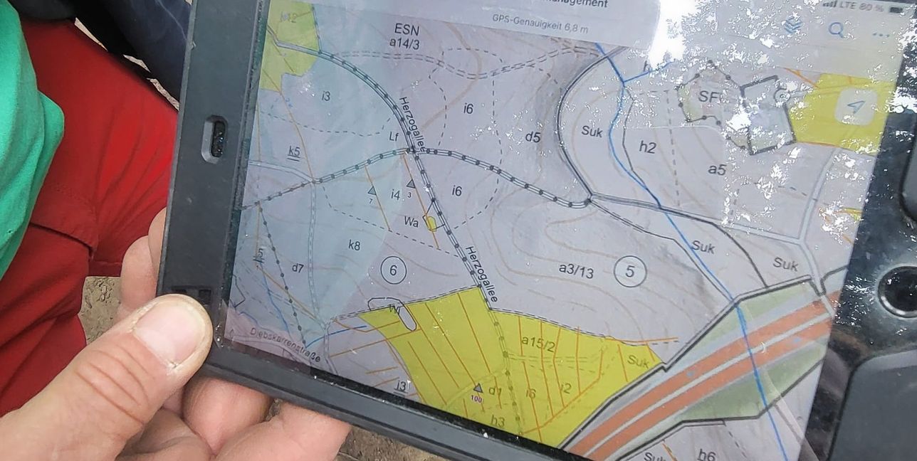 Unimog-Fahrer Timo Schardon behält per GPS-Karte den Überblick über die Kalkungsflächen im Sindelfinger Stadtwald.