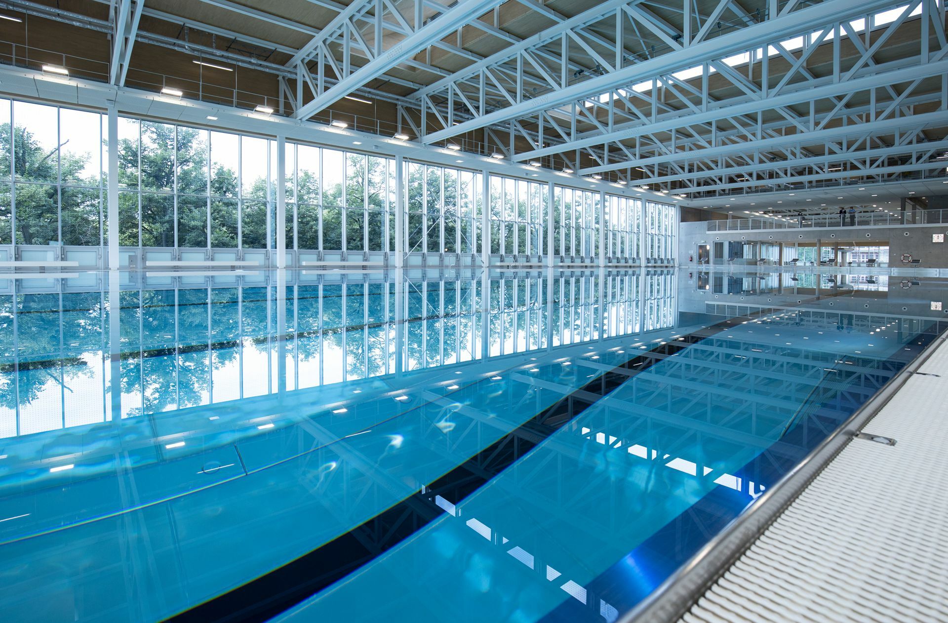 Durch die Glasfront hindurch spiegeln sich die Baumkronen im Wasserbecken.