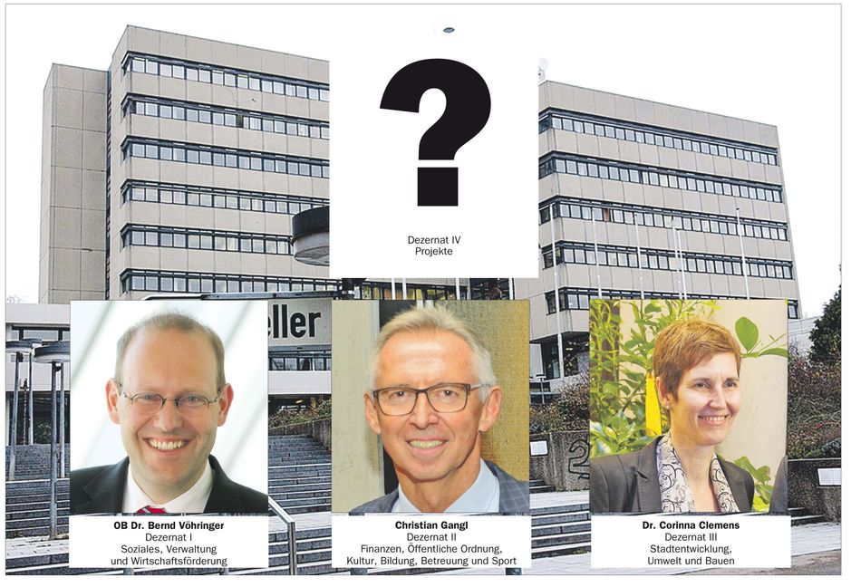 Die Verwaltungsspitze im Sindelfinger Rathaus: OB Dr. Bernd Vöhringer, der Erste Bürgermeister Christian Gangl und Bau-Bürgermeisterin Dr. Corinna Clemens. Kommt ein weiterer Dezernent oder eine Dezernentin dazu?	(Montage: Schillack, Bilder: Stampe/A, Fotoknobi/A)