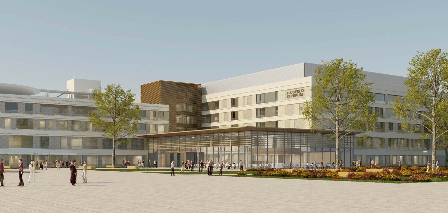 So stellen sich die Architekten den Eingangsbereich der Flugfeld-Klinik vor. Bild: z