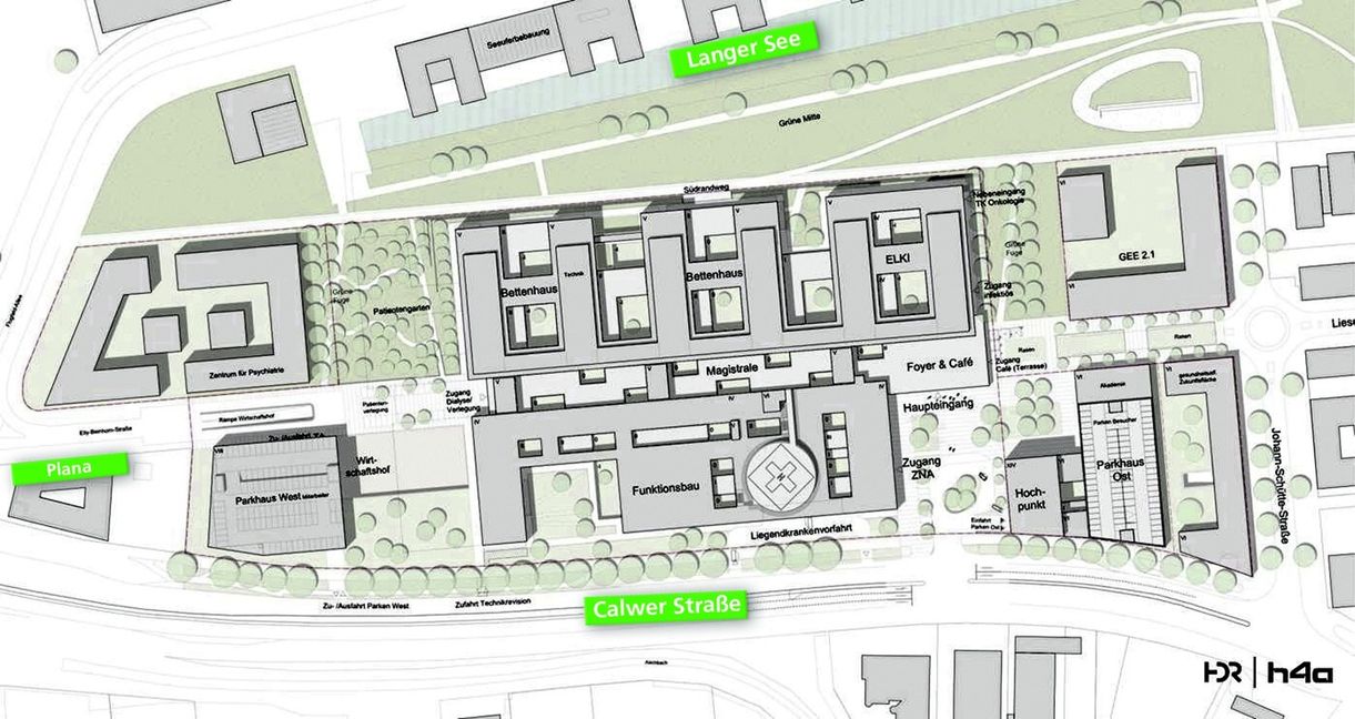 So sieht in der Vorplanung der Lageplan für die Flugfeld-Klinik aus. Der Haupteingang ist an der Calwer Straße. Das Psychiatrische Zentrum nördlich des Küchenstudios Plana. Bild: Klinikverbund