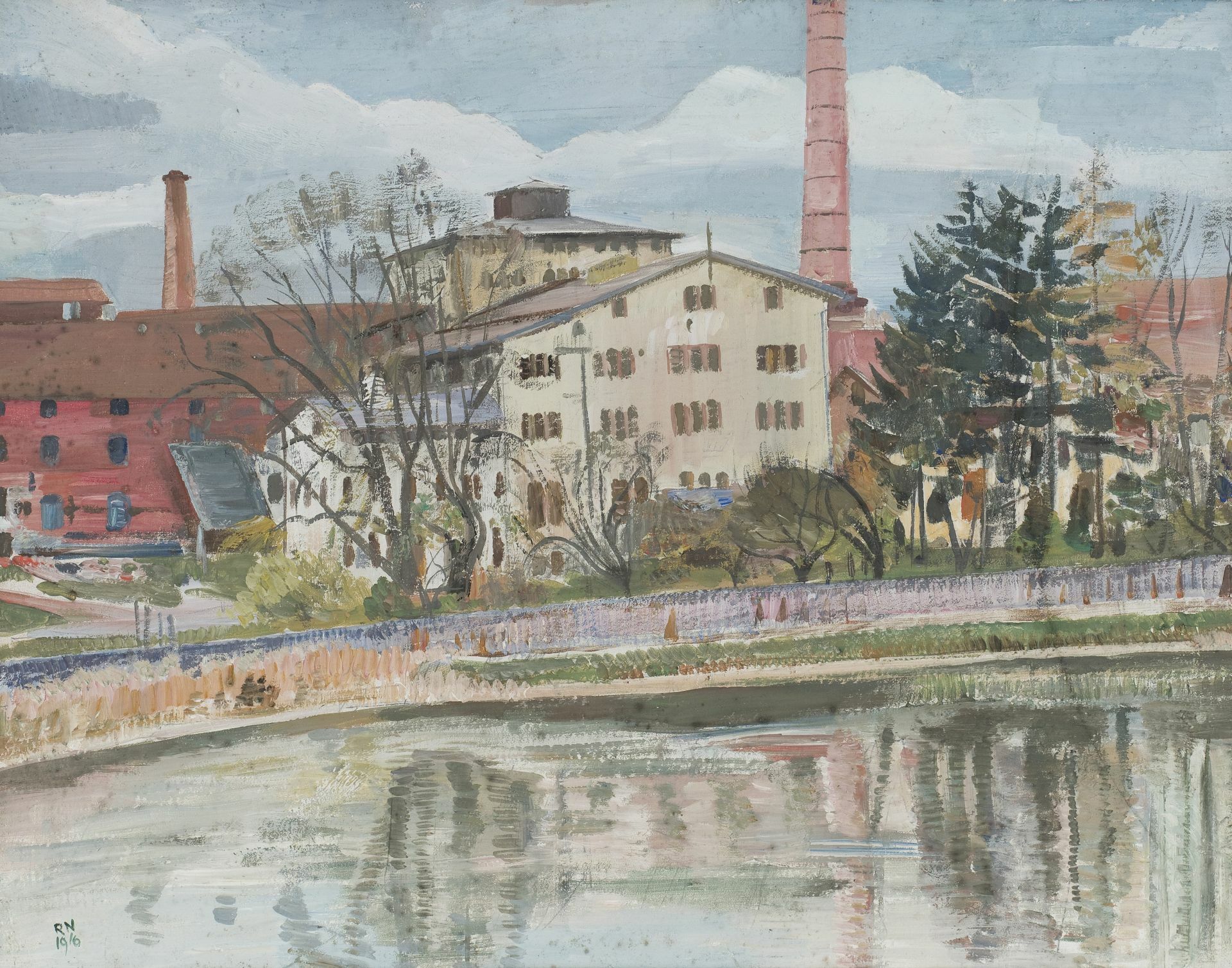 Reinhold Nägeles Ansicht der 1856 errichteten „Zuckerfabrik“ (spätere Süddeutsche Zucker AG) aus dem Jahre 1916 – gemaltes Zeitzeugnis für die ehemals landwirtschaftlich geprägten Dorfidylle, die sich zu Beginn des 20. Jahrhunderts zur Unternehmerstadt wandelte. Bild: z