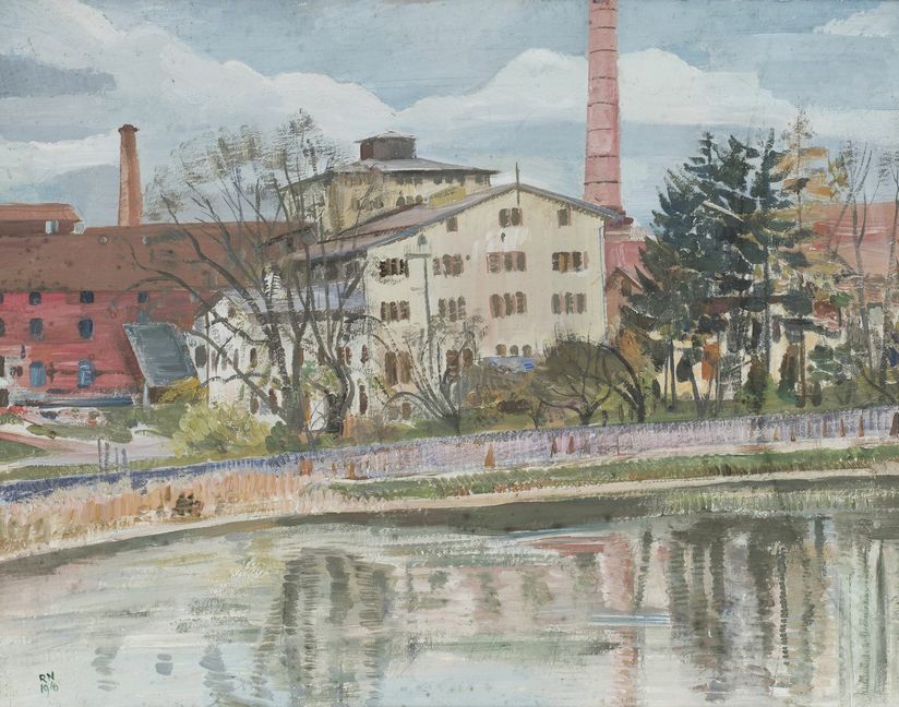 Reinhold Nägeles Ansicht der 1856 errichteten „Zuckerfabrik“ (spätere Süddeutsche Zucker AG) aus dem Jahre 1916 – gemaltes Zeitzeugnis für die ehemals landwirtschaftlich geprägten Dorfidylle, die sich zu Beginn des 20. Jahrhunderts zur Unternehmerstadt wandelte. Bild: z