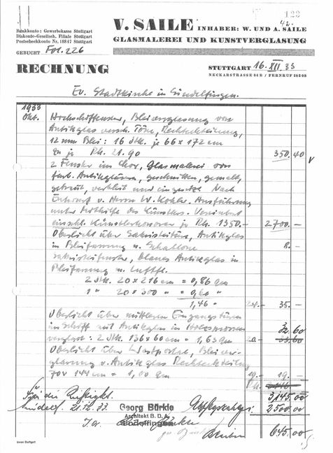 Die Rechnung vom 16. Dezember 1933 der Stuttgarter Firma Saile für die Glasfenster der Martinskirche Sindelfingen.