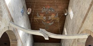 Die Steinskulptur von Frank Teufel unterhalb der Evangelisten-Darstellung an der Bohlendecke der Martinskirche, die ebenfalls 1933 entstanden ist.