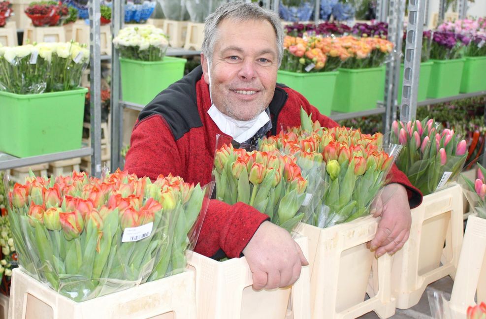 Steffen Vahldiek inmitten seines Blumenmeers im  2000 Quadratmeter großen Kühlhaus in Bietigheim Foto: Caroline Holowiecki