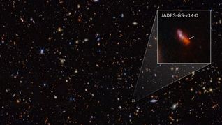 Mit dem James-Webb-Weltraumteleskop haben Forscher nach eigenen Angaben die bislang älteste  Galaxie im Universum entdeckt. Die Galaxie JADES-GS-z14-0 existierte demnach bereits knapp 300 Millionen Jahre nach dem Urknall vor rund 13,5 Milliarden Jahren.