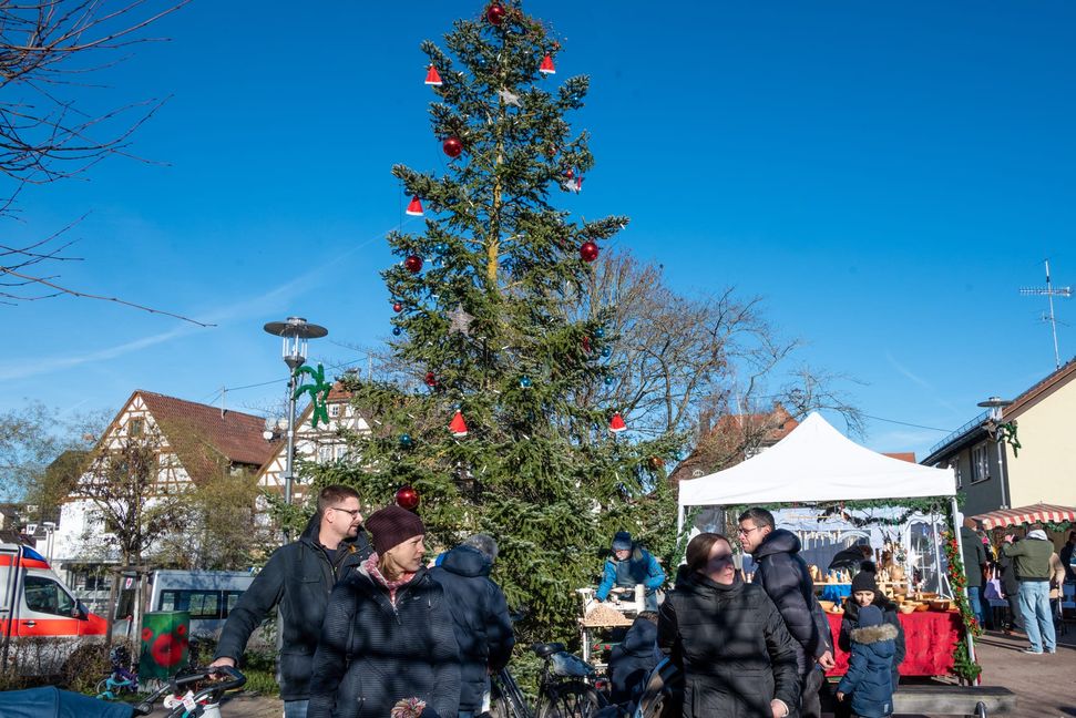 Die große Tanne ist der Blickfang auf dem Darmsheimer Weihnachtsmarkt.