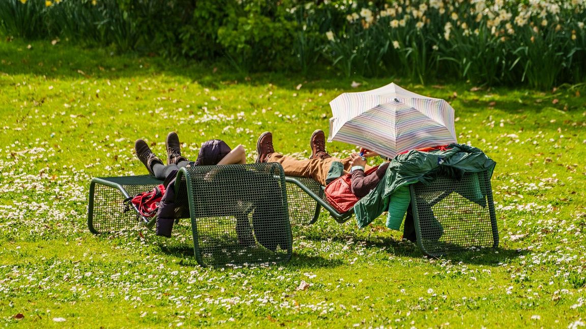 Besucher des Palmengartens in Frankfurt am Main genießen das milde Wetter.