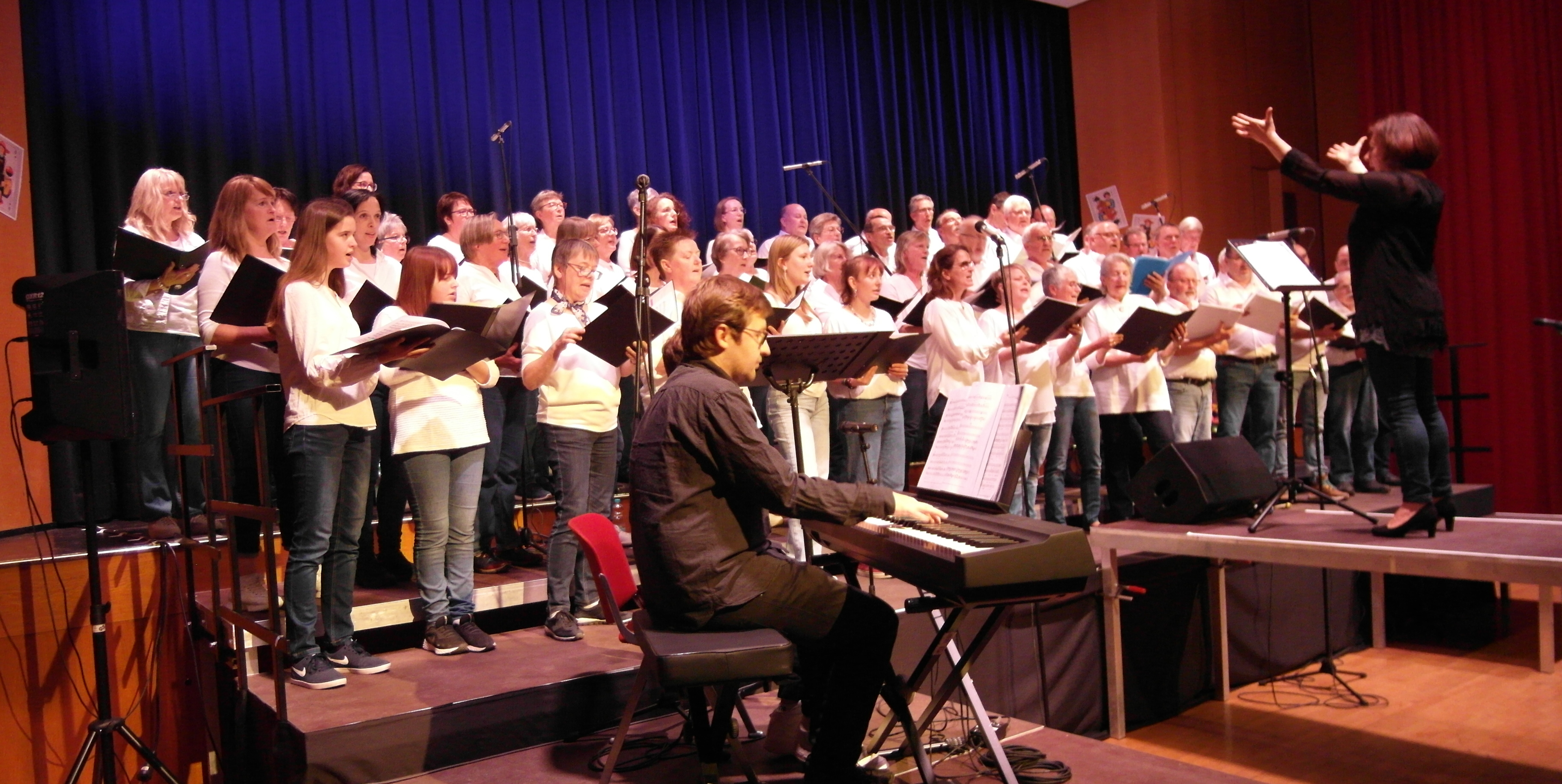 Insgesamt 55 Sängerinnen und Sänger, am Piano begleitet von Fabian Bauer und unter der musikalischen Leitung von Judith Erb-Calaminus, standen beim Dorfabend in der Holzgerlinger Stadthalle auf der Bühne.