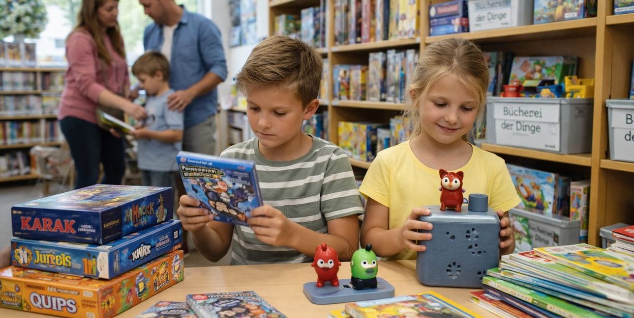 Familien stöbern in der Bücherei durch Spiele und Medien.