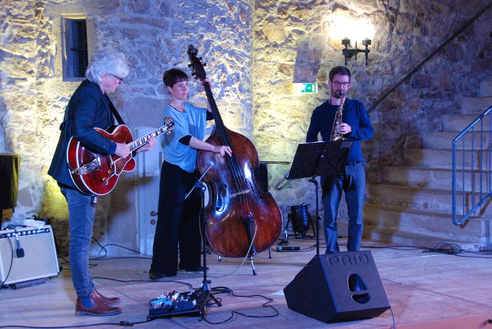 Zum Abschluss der Aidlinger Jazztage gab es eine Matinée mit dem Trio „Deuce“ mit den beiden in Rohrau lebenden Judith Goldbach (Kontrabass) und Andreas Francke (Saxophon/Klarinette) sowie Werner Acker (Gitarre).   Bild: z