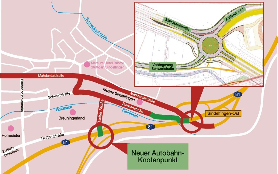 Die Grafik zeigt, wie sich die Stadt die neuen Verkehrsströme vorstellt. Die grün gekennzeichneten Teilstücke müssten noch gebaut werden. Um mit diesen Ideen in die Gespräche zu gehen, braucht es neue Bebauungspläne. Rechts oben ist skizziert, wie der bisherige Stadt-Ausgang im Osten Richtung A 81 aussehen könnte. Grafik: Schillack