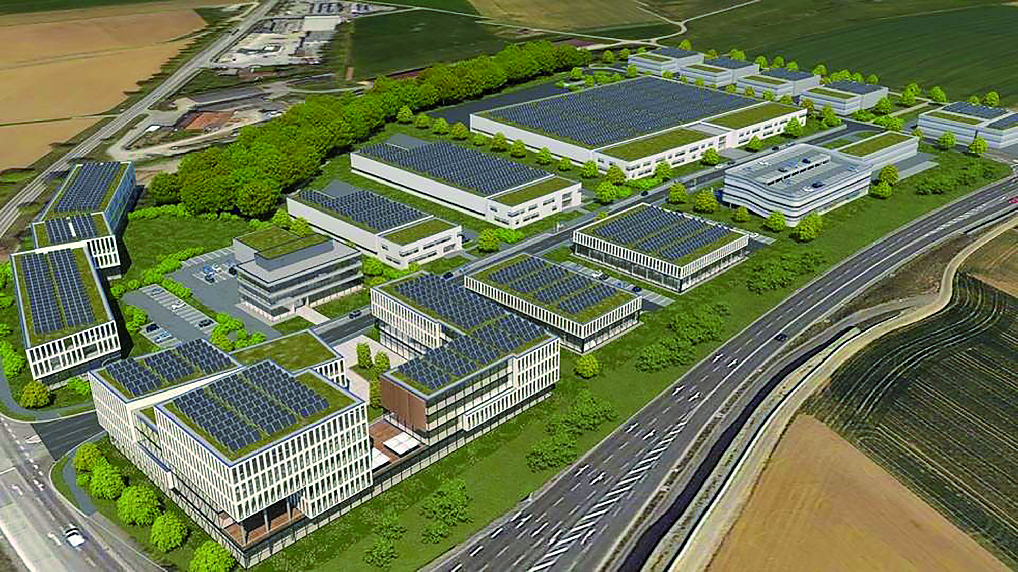 So soll das 12 Hektar große Gewerbegebiet Häslach in Darmsheim nach der kompletten Aufsiedlung einmal aussehen. Das Verteilzentrum von Amazon ist im Bild links oben zu sehen.  Bild: z