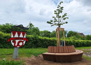 Der Dagersheimer Jubiläumsbaum mit Bank und Logo.