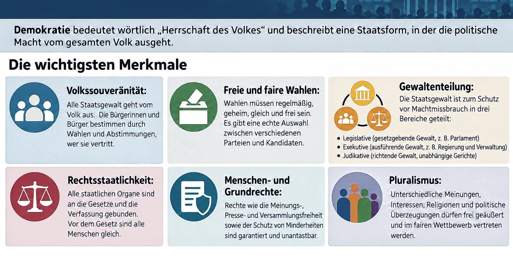 Sechs Merkmale der Demokratie nach Angaben der Bundeszentrale für politische Bildung.