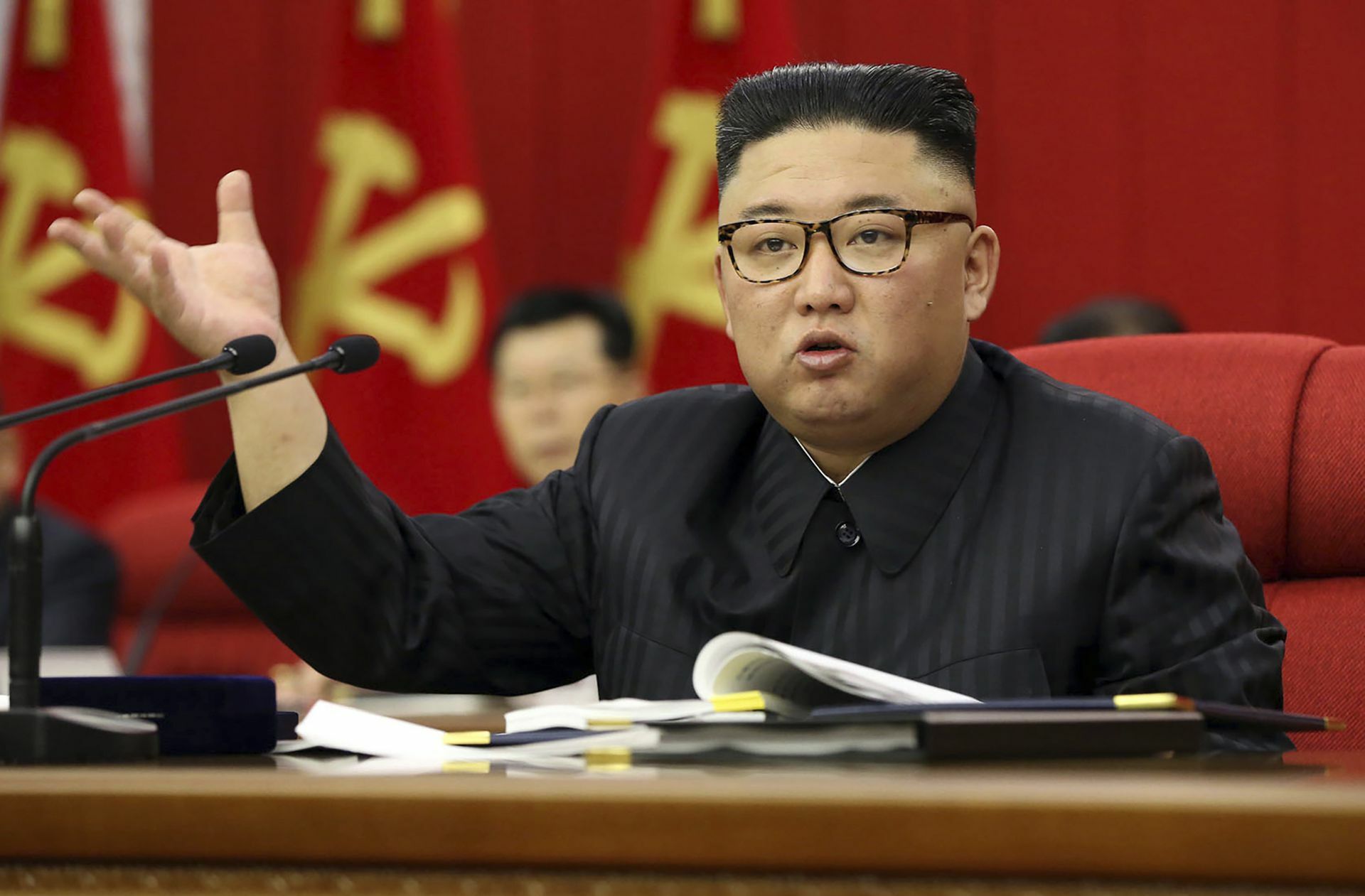Kim Jong-un bei seiner Redewährend der Versammlung der Arbeiterpartei.
 Foto: dpa