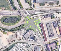 So ungefähr wird die neue Kreuzung liegen. Dort treffen vier Straßen aufeinander: die Rudolf-Diesel-Straße aus Richtung Sindelfingen, die Wolfgang-Brumme-Allee aus Richtung Böblingen, die verlängerte Flugfeld-Allee und die verlängerte Leibnizstraße. Im Westen wird die Flugfeld-Allee am L-förmigen Gebäude entlang verlängert, wo jetzt noch eine erdige Fläche ist. Dieses kurze Teilstück soll noch dieses Jahr gebaut werden. Die verlängerte Leibnizstraße folgt als Letztes. 	Grafik: Teufel