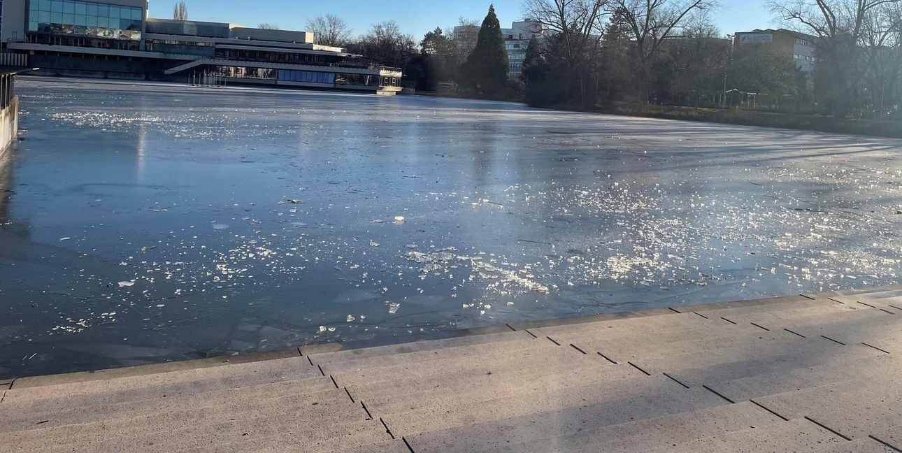 Auf dem See hat sich eine Eisschicht gebildet.
