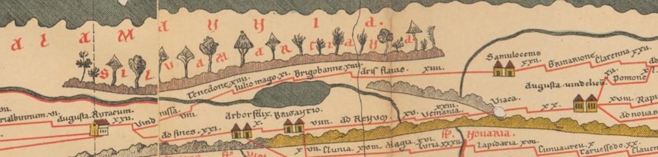 Der kleine Kartenausschnitt zeigt die römische Heerstraße vom Schweizer Rheintal bis auf die Alb mit den Stationen Augusta Rauracum (Augst), Vindonissa (Windisch), Tenedone (Bad Zurzach), Juliomagus (Schleitheim ), Brigobannis (Hüfingen), Arae Flaviae (Rottweil ), Sumelocenna (Rottenburg), Grinario (Köngen) und Clarenna (Donnstetten).