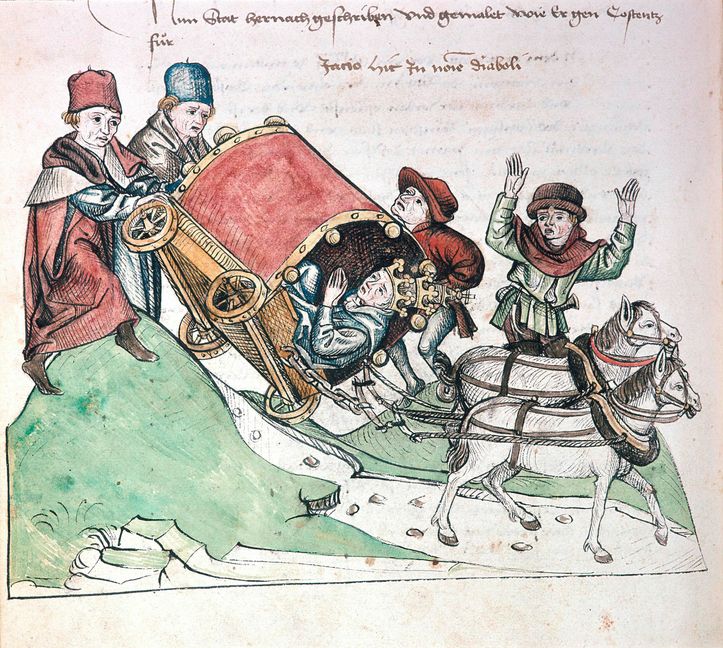 Verkehrsunfälle gab's auch schon im Mittelalter, so als Gegenpapst Johannes XXIII. auf dem Weg zum Konstanzer Konzil am Arlberg mit seinem Reisewagen umkippte. Bild: z