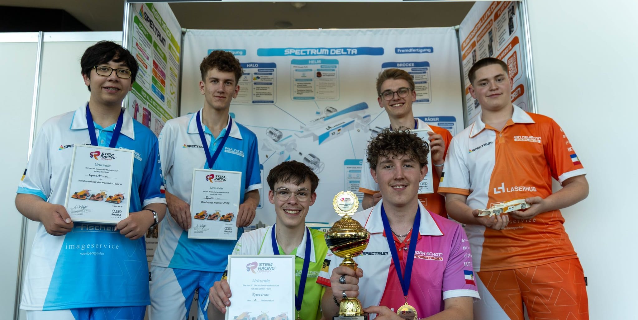 Das Team. Hinere Reihe von rechts: Jan Neumann, Tom Förster, Paul Neckel, Neel Basu, Vordere Reihe von rechts: Noah Schott, Lasse Niehus