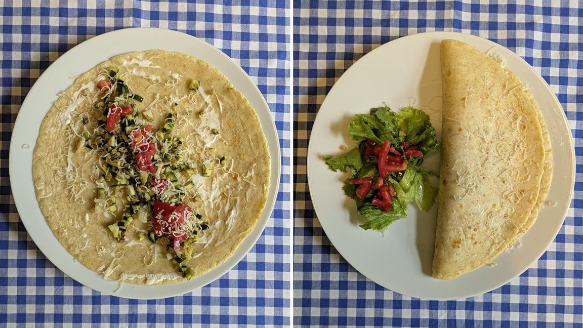 Der Gemüsepfannkuchen vor und nach dem Zuklappen