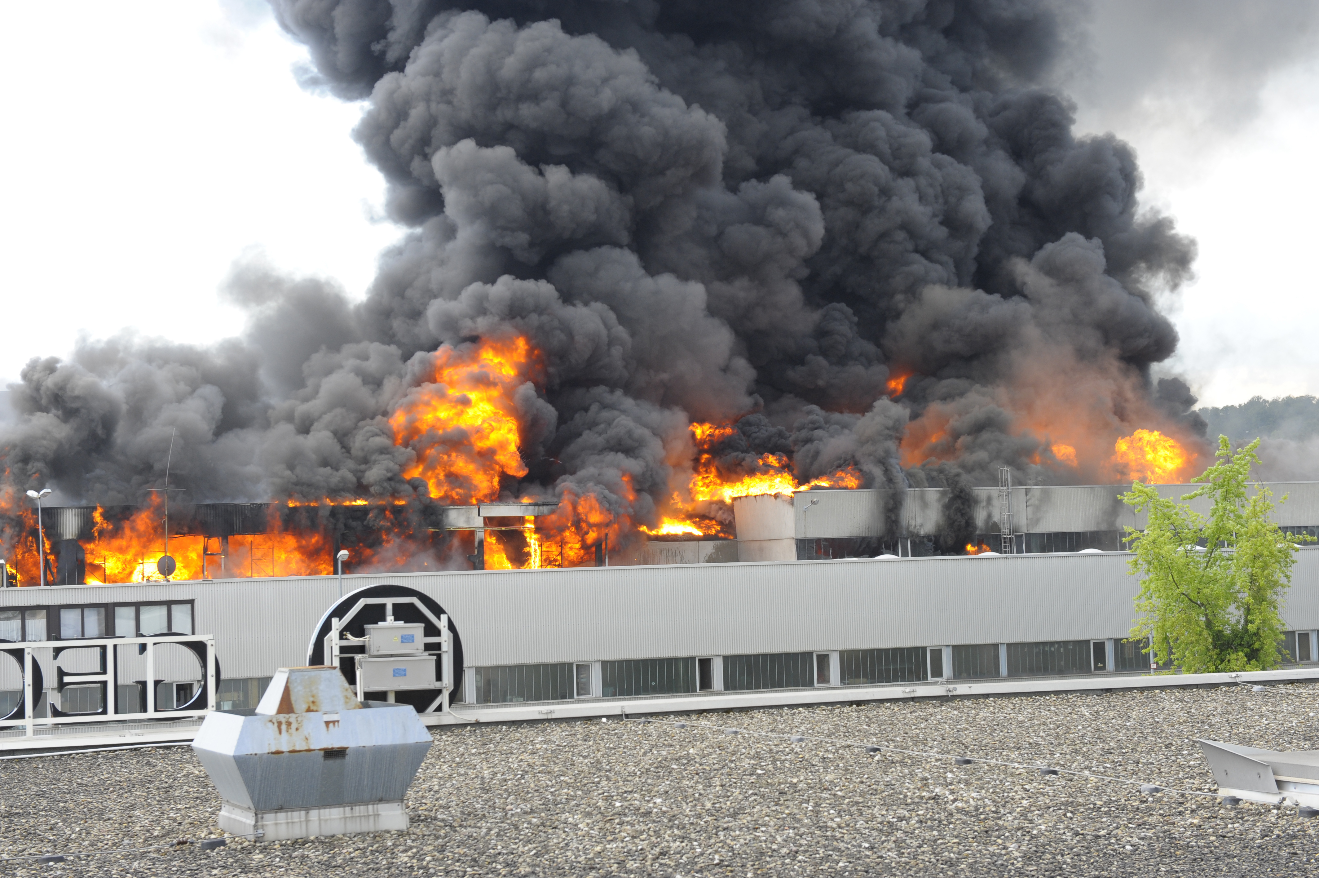 Die Reisser AG in Flammen: Am 11. Juni 2014 zerstörte ein Großbrand den Großteil des Zentrallagers am Stammsitz des Unternehmens auf der Böblinger Hulb. Bild: Stampe/A