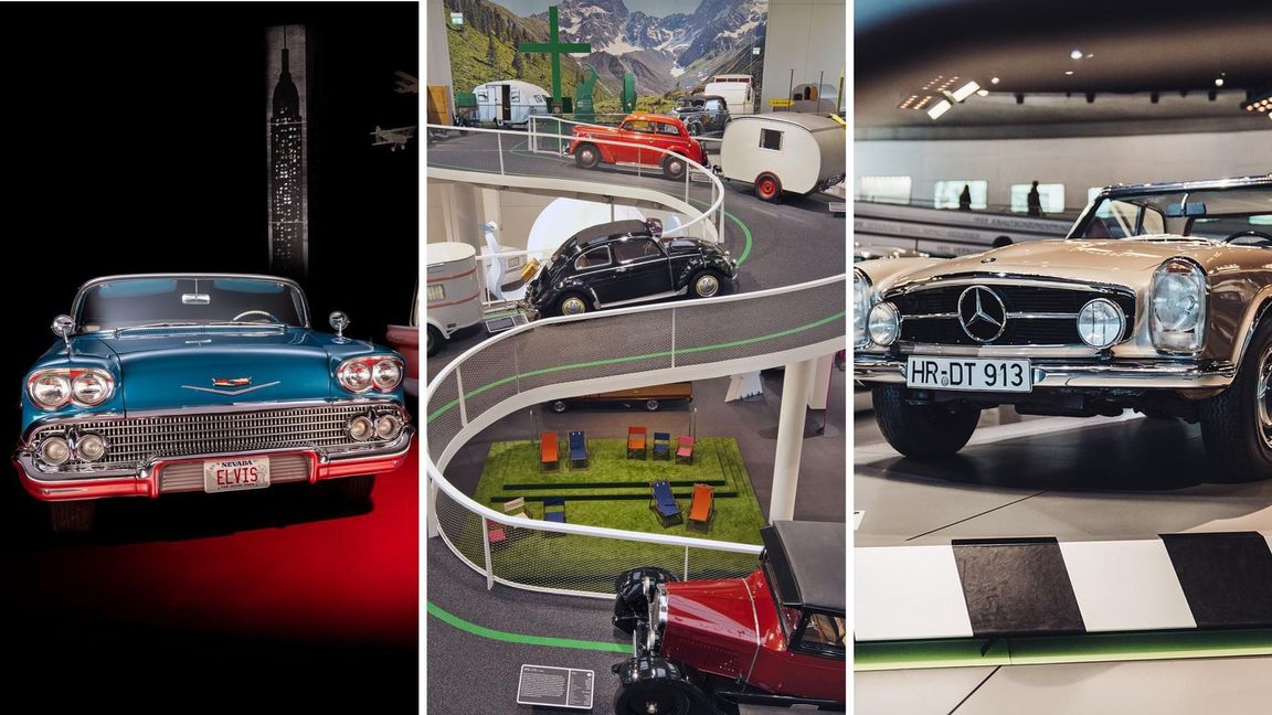 Ein US-Klassiker aus den 1950er Jahren im Technikmuseum Sinsheim, Geschichte des mobilen Reisens im Hymer Museum und ein Oldtimer-Sportwagen im Mercedes-Benz-Museum in Stuttgart (v.li.n.re.).