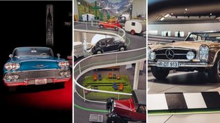 Ein US-Klassiker aus den 1950er Jahren im Technikmuseum Sinsheim, Geschichte des mobilen Reisens im Hymer Museum und ein Oldtimer-Sportwagen im Mercedes-Benz-Museum in Stuttgart (v.li.n.re.).