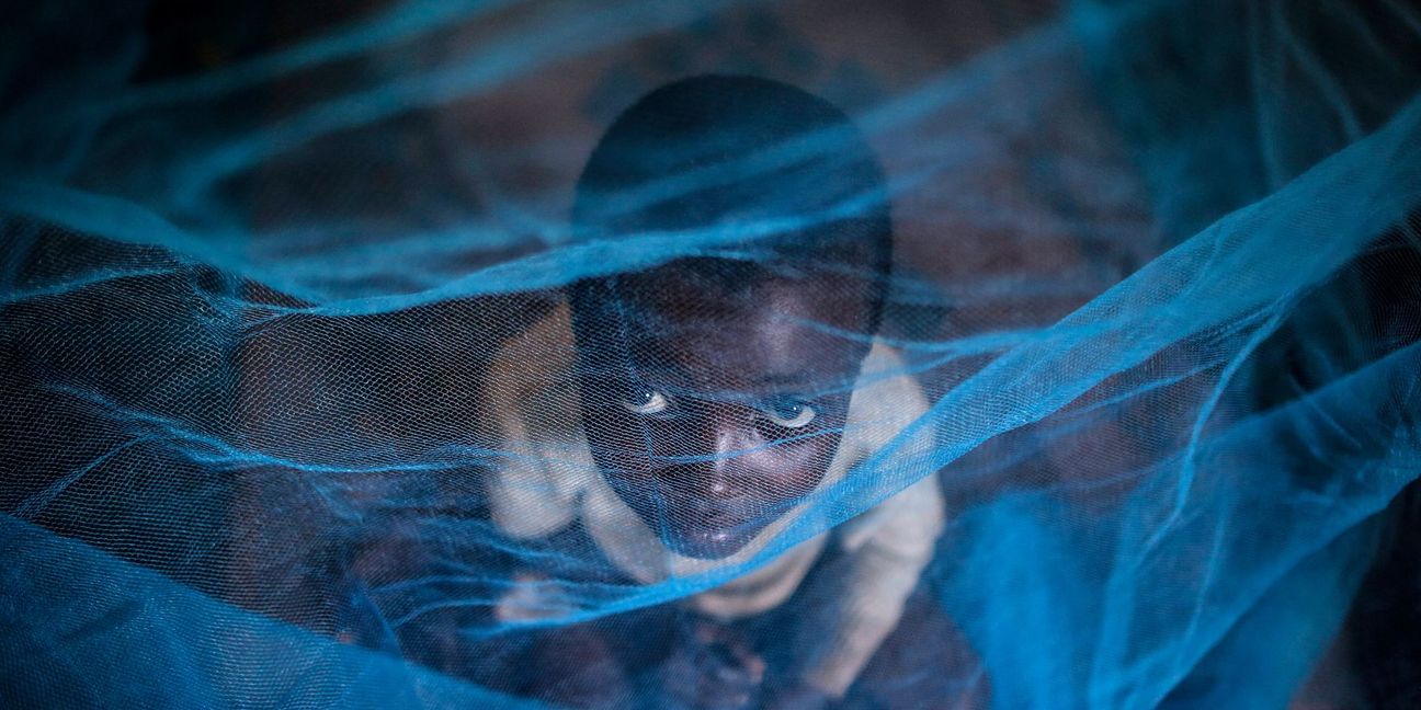 Ein Flüchtlingskind aus Burundi sitzt in Gashora, Ruanda, unter einem Moskitonetz: Der Malaria-Erreger wird durch Anopheles-Stechmücken übertragen.