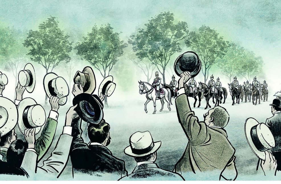 So sieht Arne Jynsch den Untertan: Der Mann mit dem am höchsten in die Luft wedelnden Hut ist Diederich Heßling, der nach oben buckelnde, nach unten tretende Titelheld von Heinrich Manns Roman „Der Untertan“. Der Roman ist jetzt zum Dichter-Jubiläum reich illustriert von Arne Jynsch im Reclam-Verlag erschienen. Foto: Reclam/Arne Jynsch