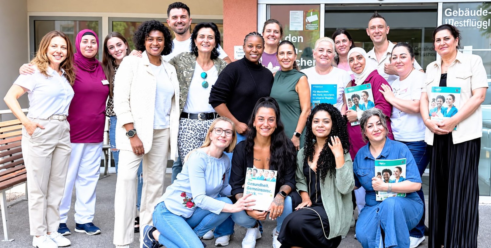 Gruppenfoto mit Teilnehmenden und Fachleitungen der Evangelischen Heimstiftung am Maienplatz und der Clearingstelle Sprachförderung des Landratsamtes Böblingen.