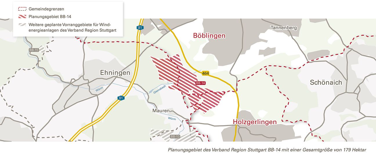 In der rot gekennzeichneten Fläche sollen die Windräder stehen.