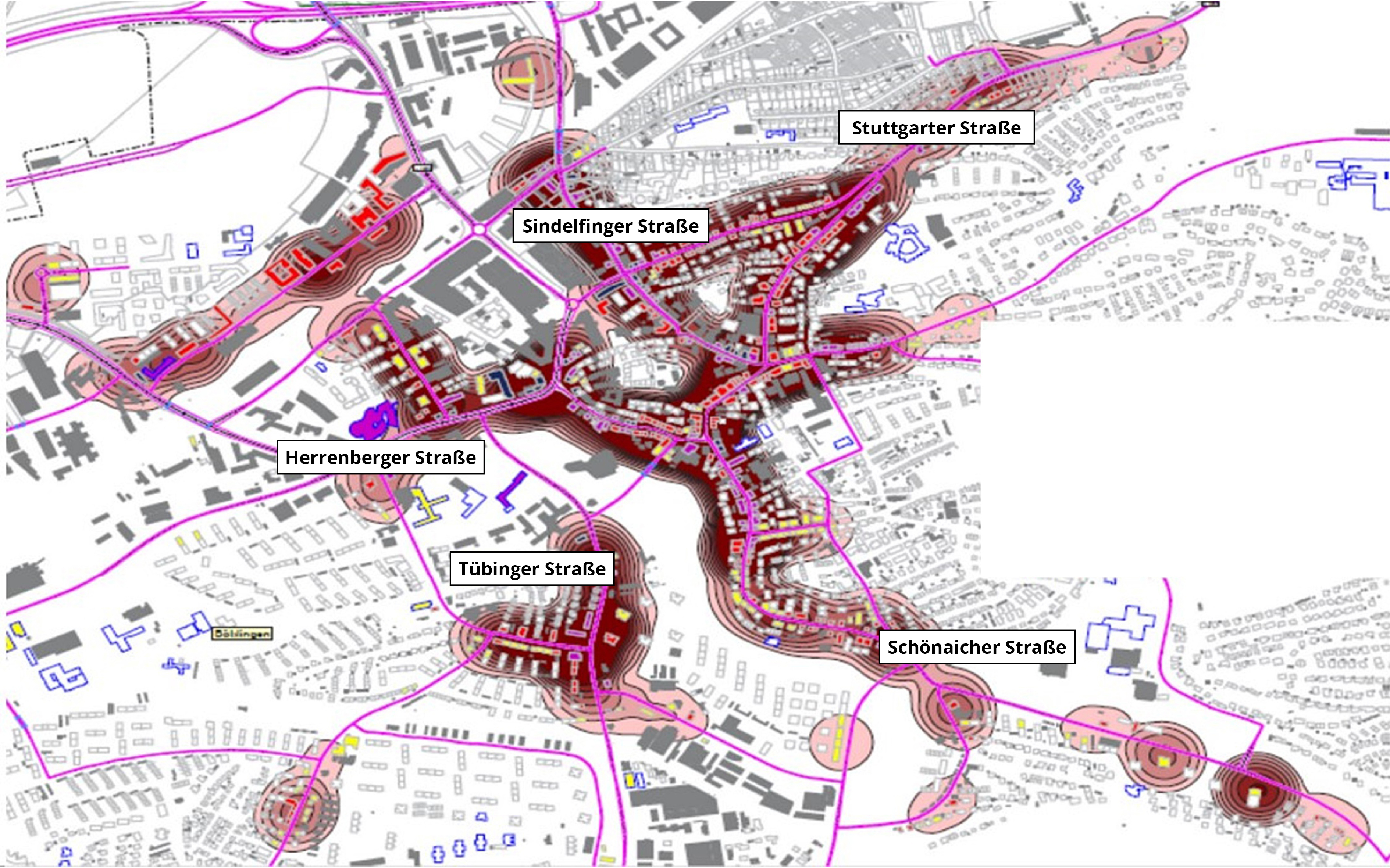 Ein Blick auf die Karte zeigt die Böblinger Innenstadt in dunklen Schatten: Dort, wo der Farbton besonders kräftig ist, ist erstens der Richtwert von 65 Dezibel erreicht und dazu ist anhand der Markierungsstärke zu sehen, wie viele Anwohner diesem Straßenlärm ausgesetzt sind.  Bild: Stadt Böblingen