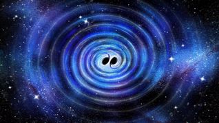 Künstlerische Darstellung eines neu entstandenen Schwarzen Lochs, das nach der Verschmelzung zweier Schwarzer Löcher unter Aussendung von Gravitationswellen abklingt.