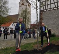 Dagersheims Ortsvorsteher Hendrik Queck (links) und Böblingens OB Dr. Stefan Belz pflanzen die Jubiläumslinde neben der Zehntscheune.
Bild: Klemm