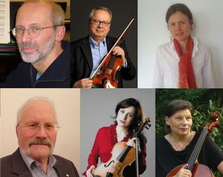 Die Collage zeigt die Sindelfinger Kammersolisten.  Von links oben nach rechts unten: Andreas Dürr, Detlev Grevesmühl, Lydia Bach, Hartmut Gessinger, Daniela Schwabe, Nicola Amann-Gessinger.