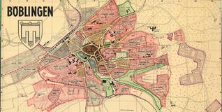 Stadtplan von Böblingen 1967, ergänzt 1969 mit Markierung einzelner Stadtviertel.