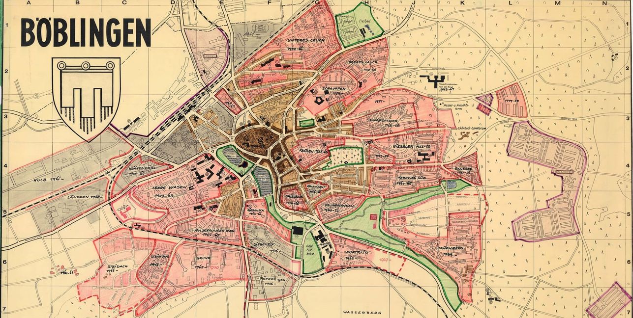 Stadtplan von Böblingen 1967, ergänzt 1969 mit Markierung einzelner Stadtviertel.