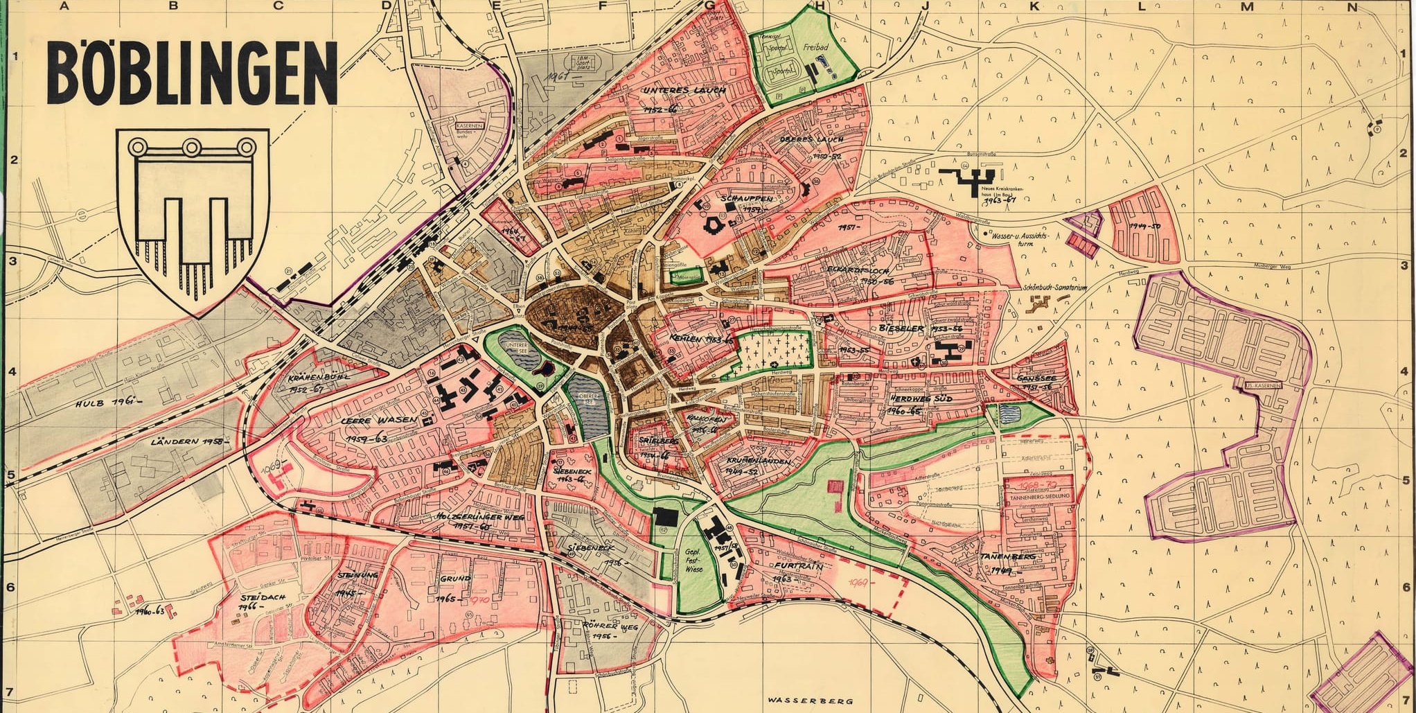 Stadtplan von Böblingen 1967, ergänzt 1969 mit Markierung einzelner Stadtviertel.
