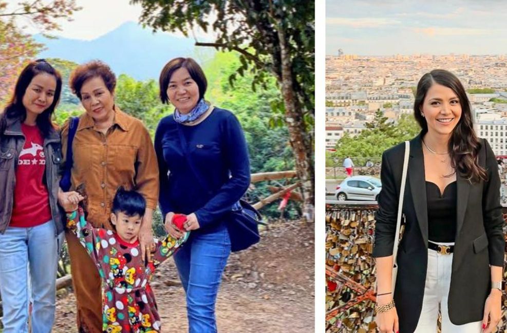 Bosch-Mitarbeiterin Kanchalika  Borriboon (auf dem linken Bild rechts) besuchte in Nordthailand ihre Schwester, Mutter und ihren Neffen. Palwasha Hashimi (Bild rechts) kombinierte bei Mercedes auf einer Paris-Reise Arbeit und Urlaub.