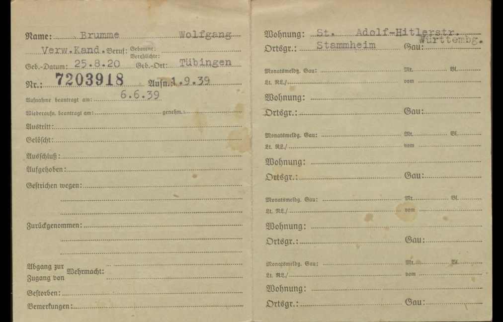 Eintrag von Wolfgang Brumme in der NSDAP-Zentralkartei.