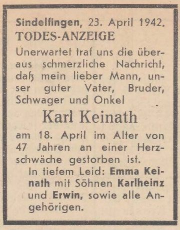 Die Todesanzeige für Karl Keinath, erschienen in der NS-Kreiszeitung am 24. April 1942.     Bild: Stadtarchiv Sindelfingen